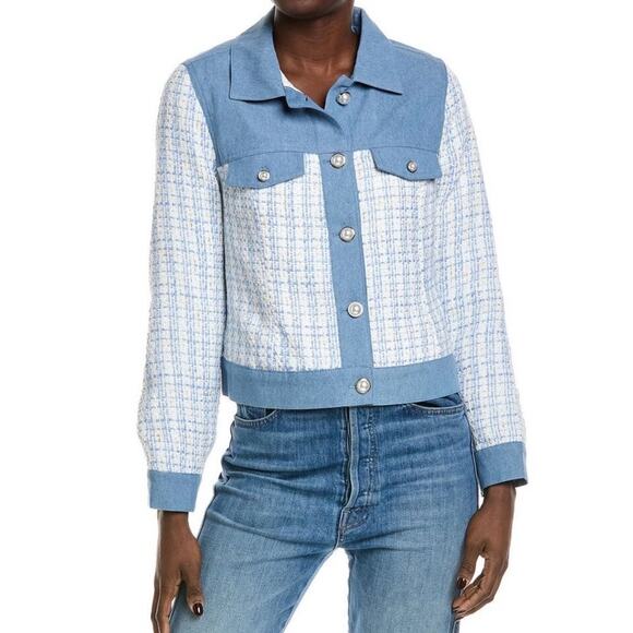 Nanette Lepore Jackets & Blazers - Nanette Lepore Tweed Jacket Denim Trim Boucle Pearl Buttons US Womens L New